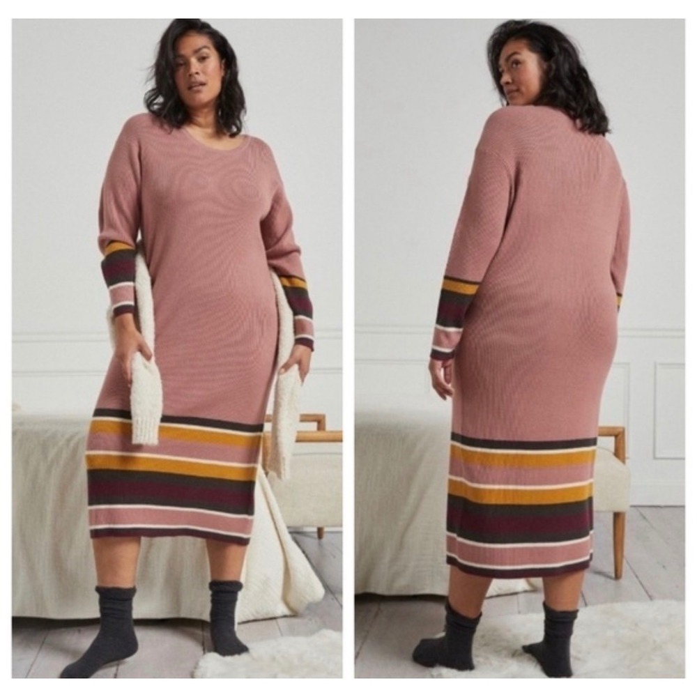 A10 Saturday Sunday Anthropologie Ribbed Knit Striped Midi Sweater Dress Pink 1X